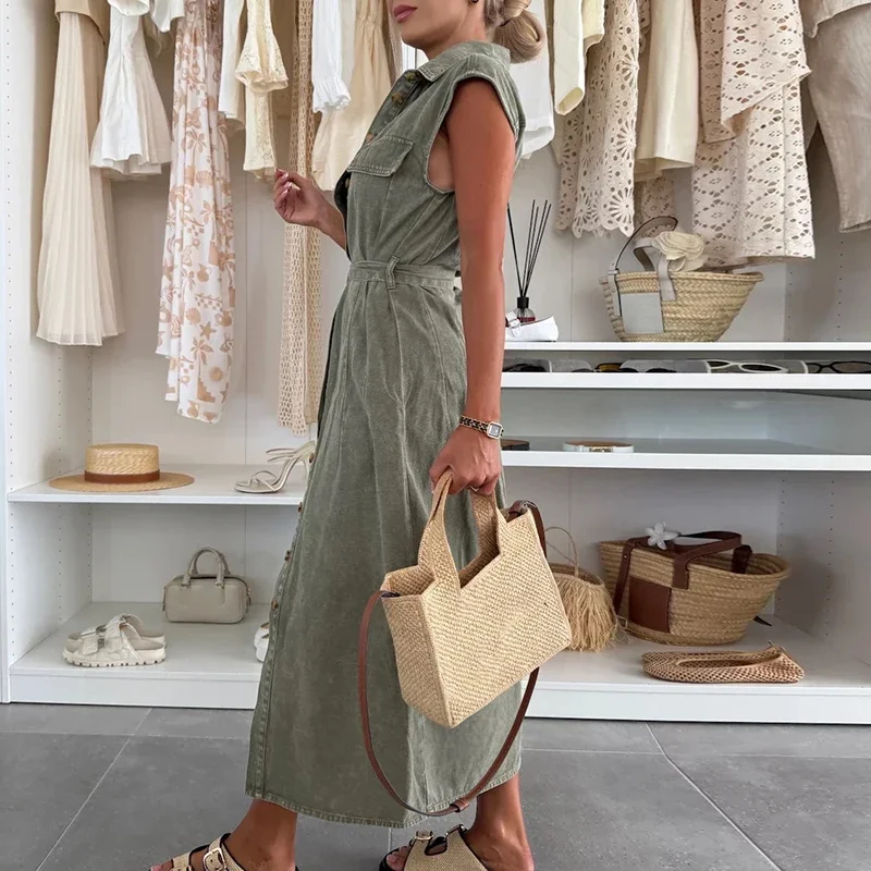 Women Solid Slim Lace Up Denim Long Dress Elegant High Waist Commute Dresses Temperament Sleeveless Single Breasted Lapel Dress