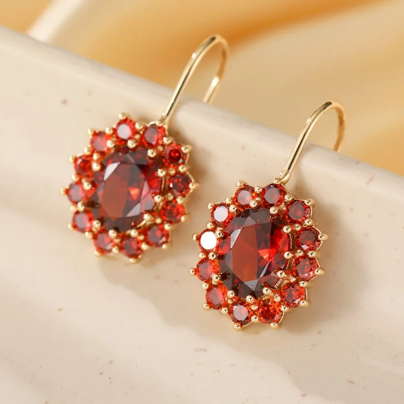 1Pair of Luxurious Red Synthetic Zircon Imitation Crystal Pendant Earring Women's Wedding Elegant Banquet Jewelry Accessory Gift