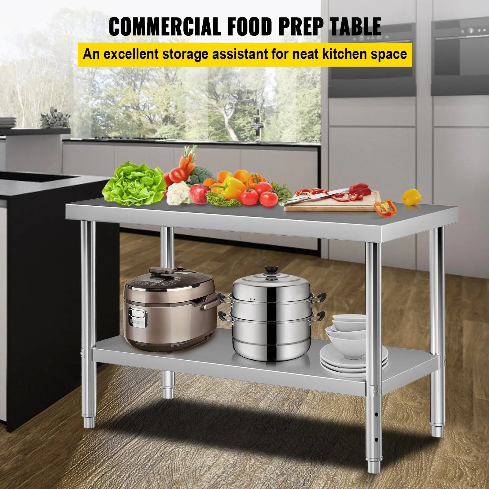 VEVOR Stainless Steel Prep Table, 48 x 30 x 34 Inch, 550lbs Load Capacity Heavy Duty Metal Worktable with Adjustable Undershelf,