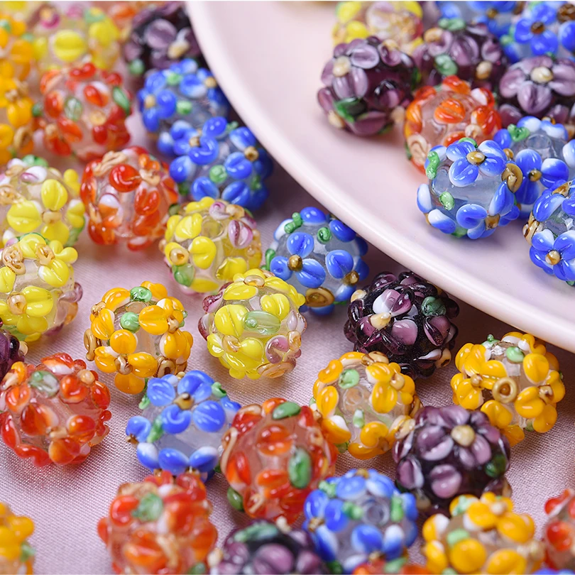 5Pcs/Lot Multicolor Lampwork Glass Beads Round Flower Sweet Loose Spacer Beads DIY Making Necklaces Bracelets Component Jewelry