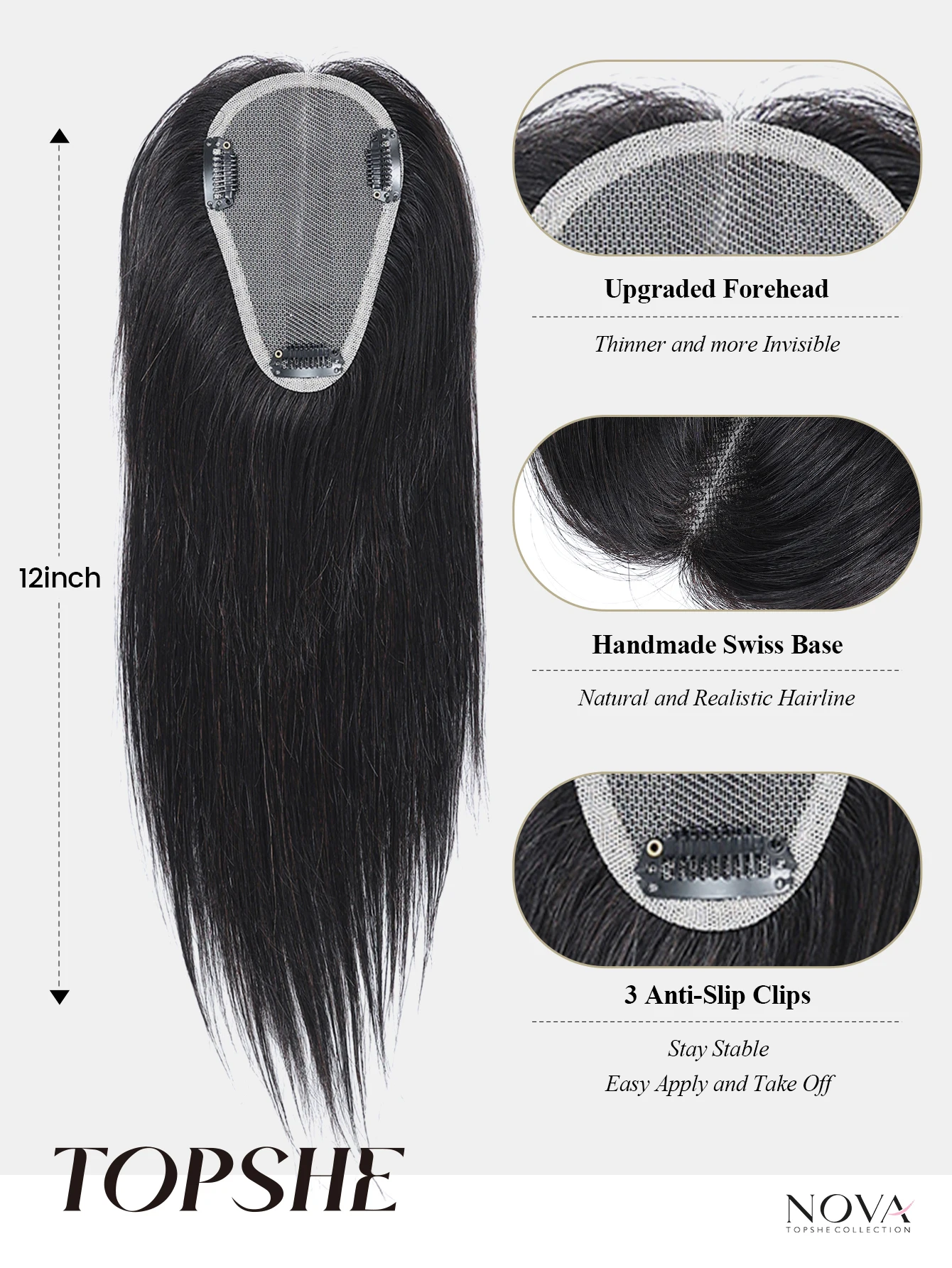 TOPSHE 12" Natural Black Hair Topper Human Hair Blend Swiss Base Clip in Toupee for Women Thinning Hair Loss Volume