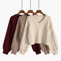 Women Sweater Autumn and Winter New V-neck Twist Sweater Women's Outer Wear Puff Sleeve Thicken Pullover Short Knitting Top