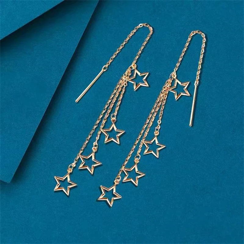 Real 18K Gold Pendant Earrings Women's Premium Jewelry AU750 Stars Earring Piercing Line Fine Jewelry Gifts