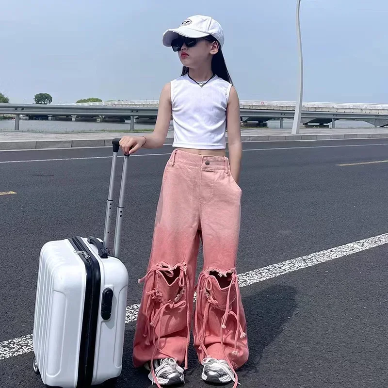 

Vintage Fashion Versatile Clothes Girl's Pink Jeans Korean Heart Hollow Out Baggy Bandage Denim Trousers Child's Wide Jean Pants