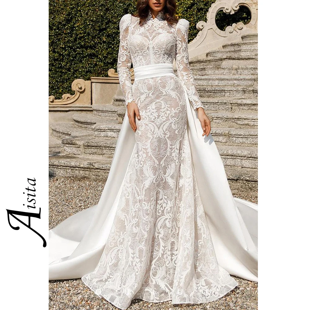 

Boho Mermaid Wedding Dress Luxurious Lace Sheer Long Sleeve Womens Dresses With Train Elegant and Pretty Women's Dresses Vestido