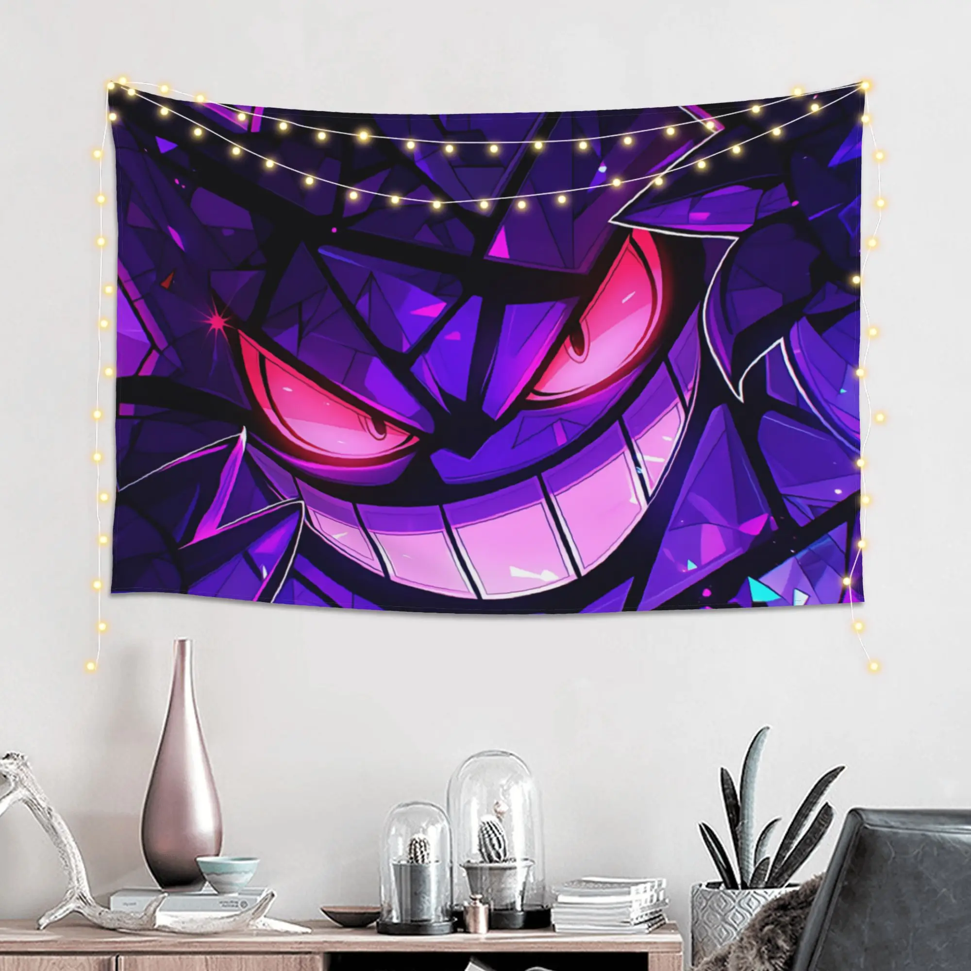 Customized Pokemon Gengar Crack Texture Cutecore Tapestry  Wall Hanging Blanket Tapestry Home Decor Items Wall Decorations