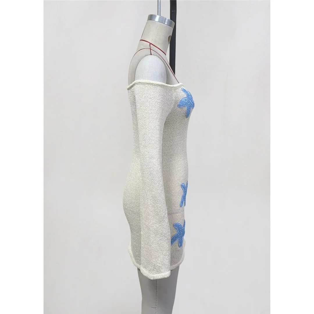 2026 Bedruckte Schulterfreie Langarm-Strick-Tunika Strand-Überwurf Strandkleid Strandmode Damen V8296 – Detail 6
