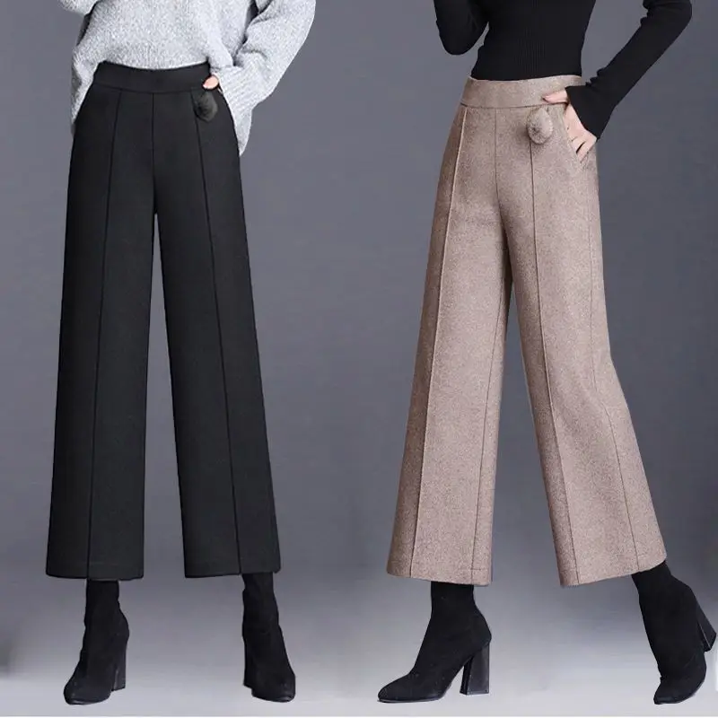 

Elegant Woolen Blend Wide Leg Pants Office Lady High Waist Casual Loose Straight Pantalones Autumn Winter Formal Trousers