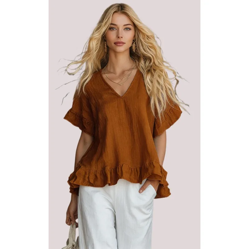 

2026 Women's Ruffle V-Neck Blouse Casual Short Sleeve Summer Shirt