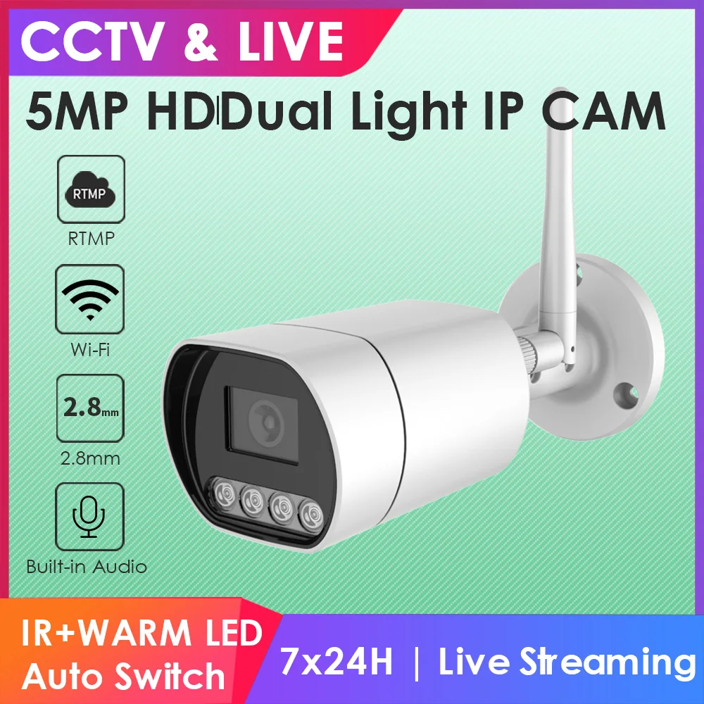 EXVIST 5MP Wireless Dual Light Bullet Security Camera Compact IP 2.8mm CMOS RTMP Compatible YouTube Facebook Cloud HIK IP Camera