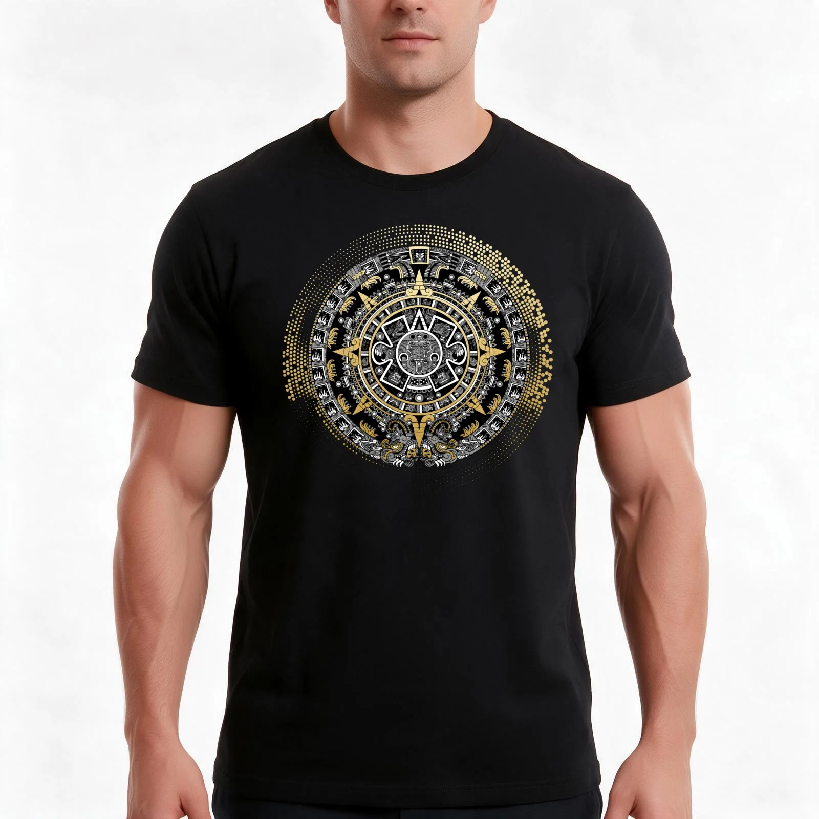 aztec calendar 5 T-Shirt, Summer Casual Cotton Tee, Oversized Streetwear Tops, Vintage Graphic Print, Loose Fit Short Sleeve