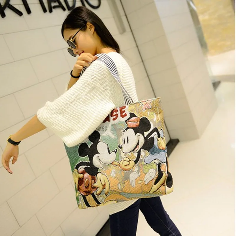 Disney Mickey Mouse Retro Shoulder Bags for Women's Cartoon Anime Canvas Handbags Stitch Minnie Mouse Bag Shopping Storage Bags