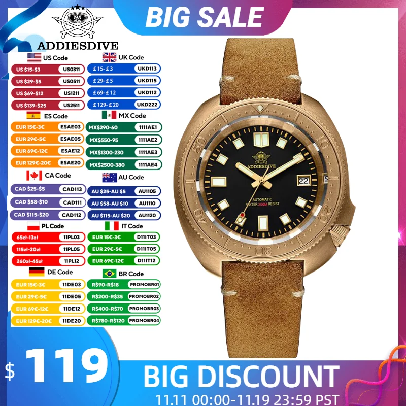 

ADDIESDIVE лучший бренд CUSN8 бронзовый корпус мужские часы C3 супер светящийся сапфировое стекло 20 бар водонепроницаемые автоматические механические часы