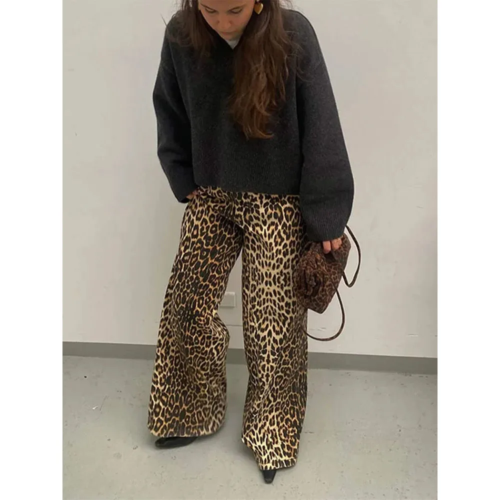 

Women Causal Loose Leopard Print Y2k High Waist Pants 2024 Summer Hip Hop Baggy Wide Leg Trouses Retro Straight Streetwear