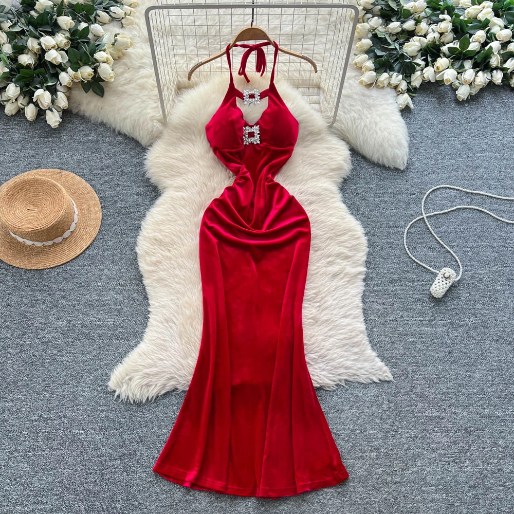 ヴィンテージ エレガント バックレス ベロアドレス シックなドレス 女性ファッション レトロ パーティー セレモニードレス