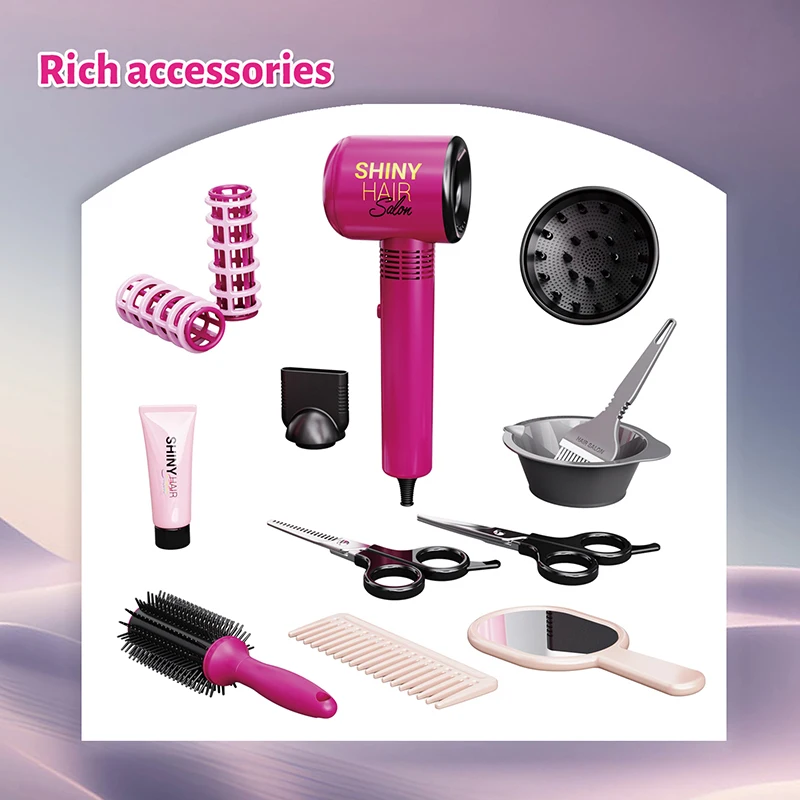 Hair Styling Play Set for Girls – Hair Clips, Mirror, Comb, Hairdryer, Hair Dye Tools – Role-Playing Kit for Ages 3+