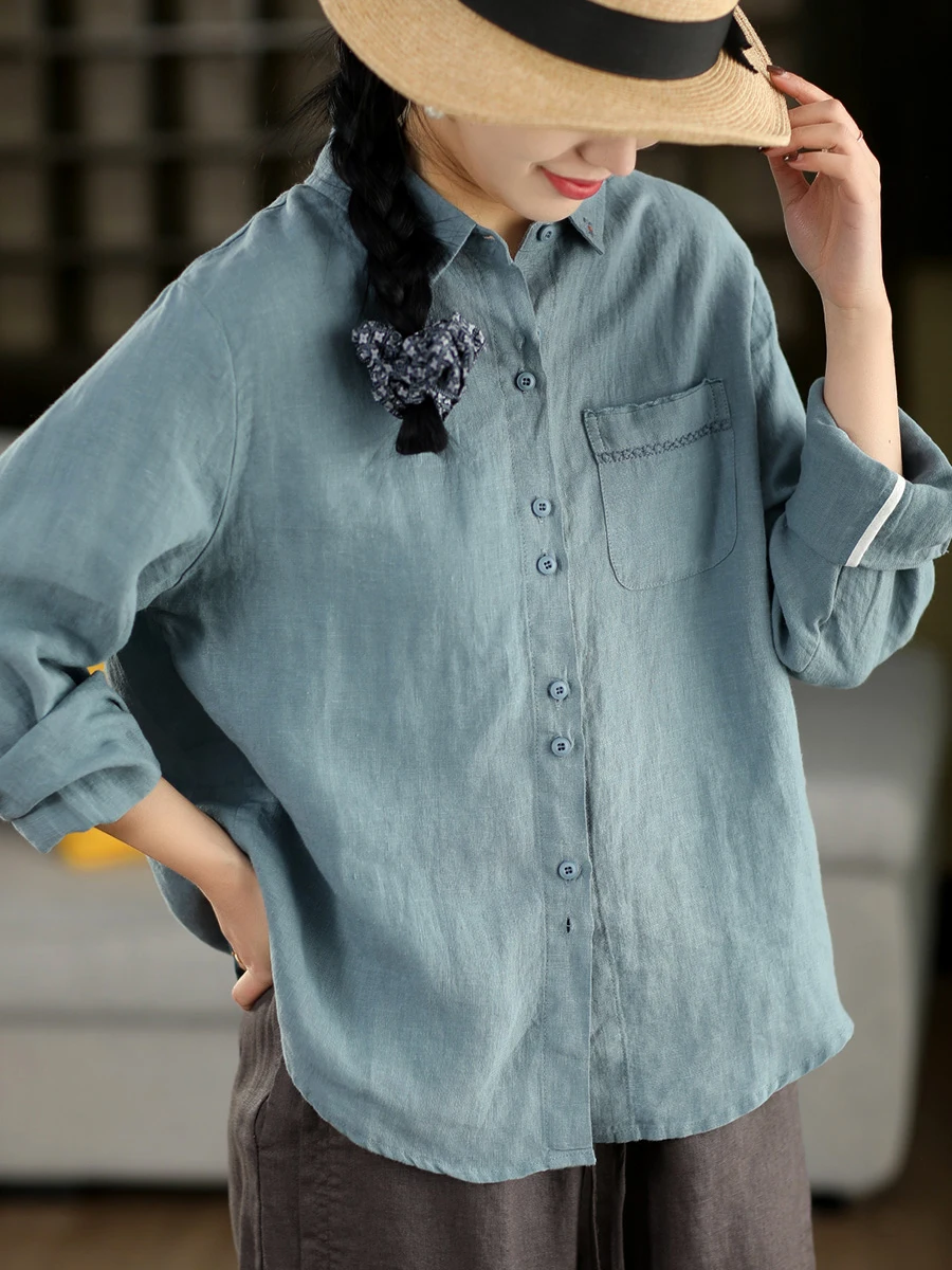 

Spring Vintage Embroidered Long Sleeve Shirt Women's Loose Fit Linen Shirt Turn-down Collar Single Button Top Breathable Comf...