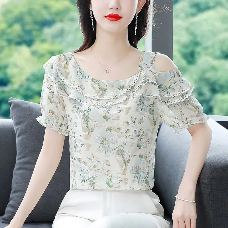 เสื้อชีฟองแขนสั้นผู้หญิงใหม่พิมพ์ลายดอกไม้หลวมแฟชั่นระดับไฮเอนด์