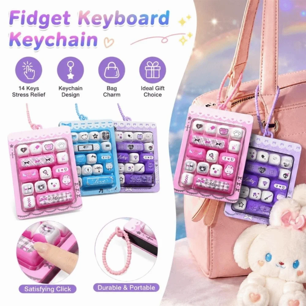14-Key Fidget Keyboard Keychain Plastic Dual-Tone Keyboard Keycap Keychain Cute Pressable Button Mini Keyboard Pendant