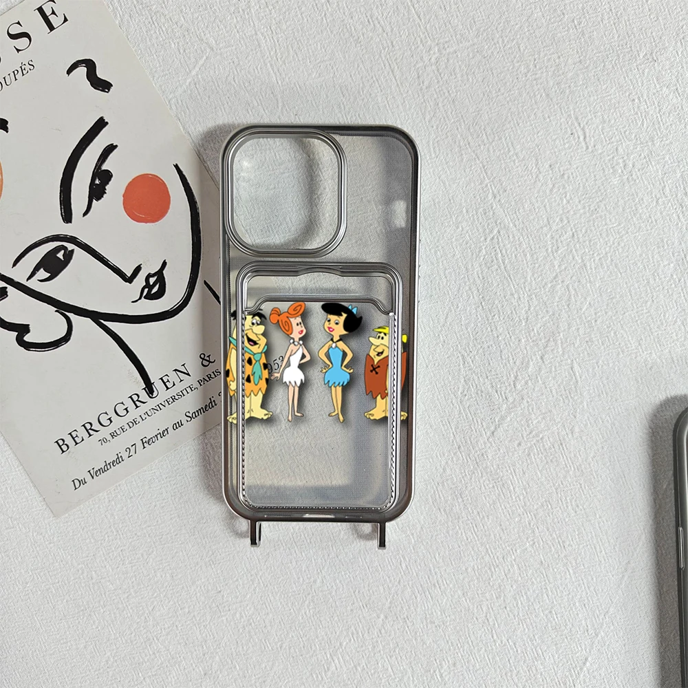 The Cartoon F-Flintstones Electroplated Transparent Card Holder Wallet Photo Case For iPhone 11 12 13 14 15 Pro Max