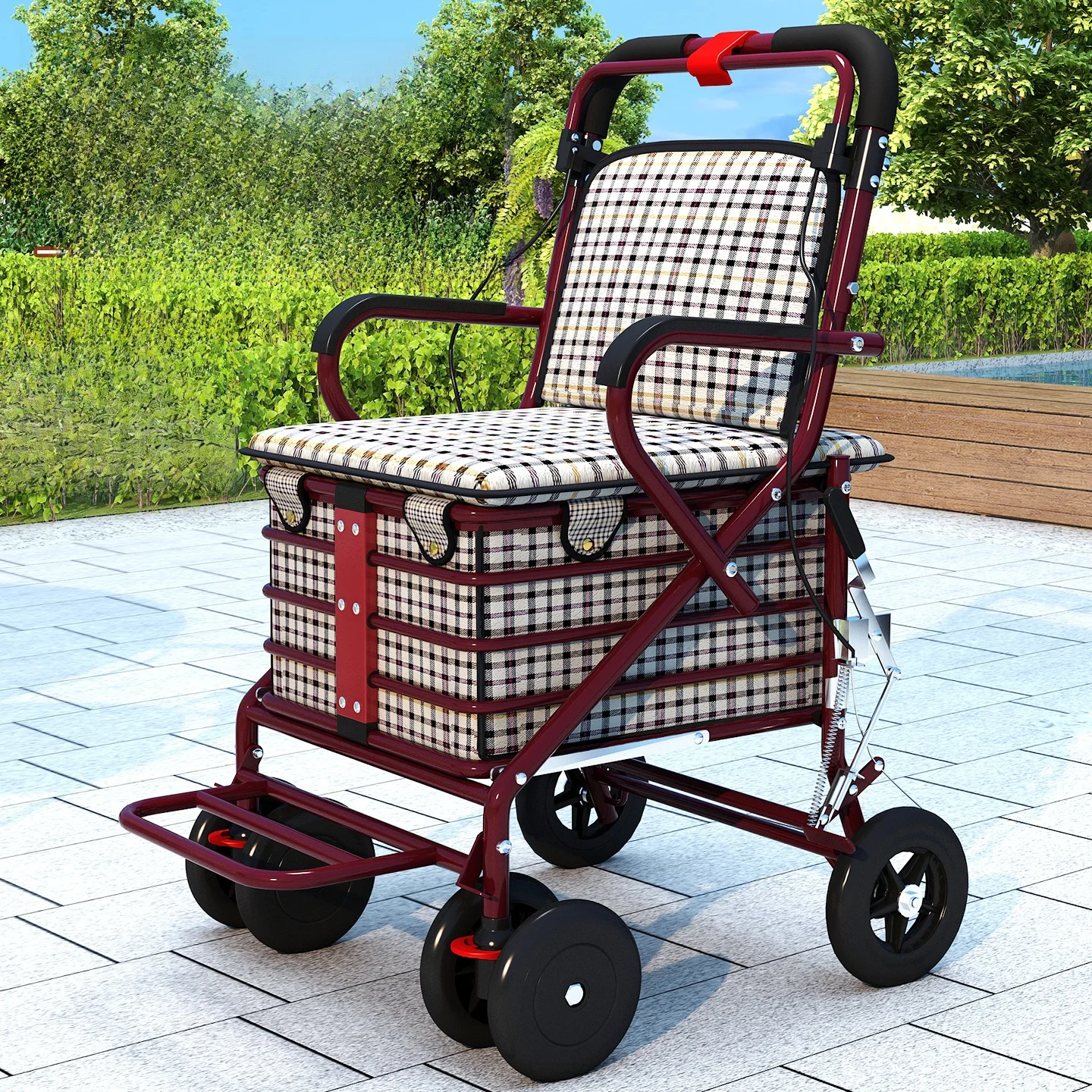 Portable Four-Wheel Shopping Cart Foldable Elderly Assistance Vehicle  Stroller Handy Brake System Oxford Cloth Body for ...