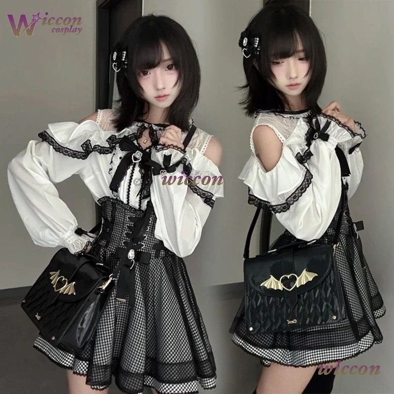 

Y2K Japanese Autumn Spring Set Jirai Kei Outfit Lolita Girls Blouse Waist-cinching Slim-fit Short Skirt Houndstooth Bow Tie Lace