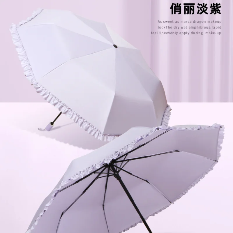 Japanese Style Cute Wooden Ear Edge Girls Three-folding Umbrella Rain Sunny Dual-use Sunscreen Sunshade Foldable Women Umbrella