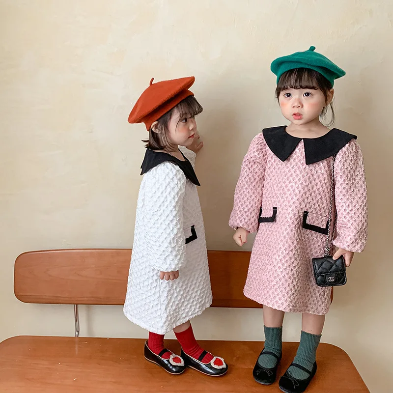 Girls Dress Color Effect Collar Bubble Plaid Jacquard Children Long Sleeve Skirt French Style Temperament Little Kids' Skirt