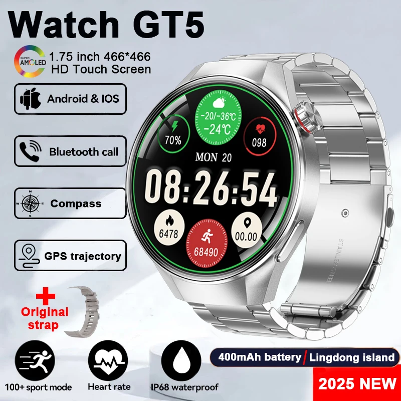 For Huawei Xiaomi GPS Track Smart Watch Men Women 1.75-Inch HD AMOLED Screen Compass Sport Bluetooth Call Smartwatch 2025 New