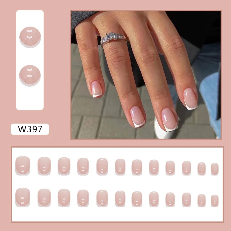 24 pièces à pression carrée courte sur les ongles-conception de pointe française avec paillettes roses et bordure blanche |   Style minimaliste