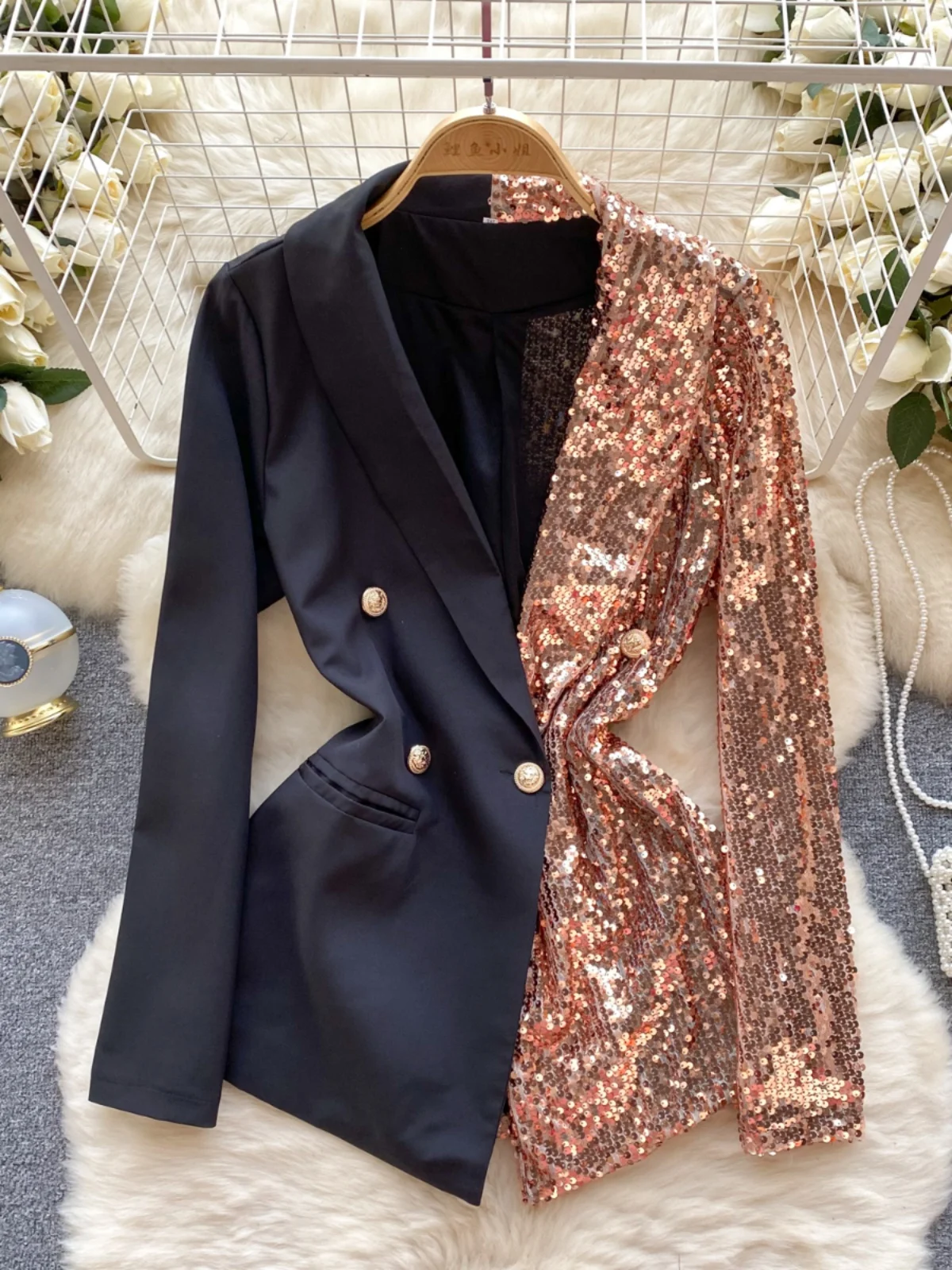 

Ele Sequin Color Blo Women's Suit Jaet Faionable Versatile Workwear Sle Long Sve Loose Fit Outerwear Coat