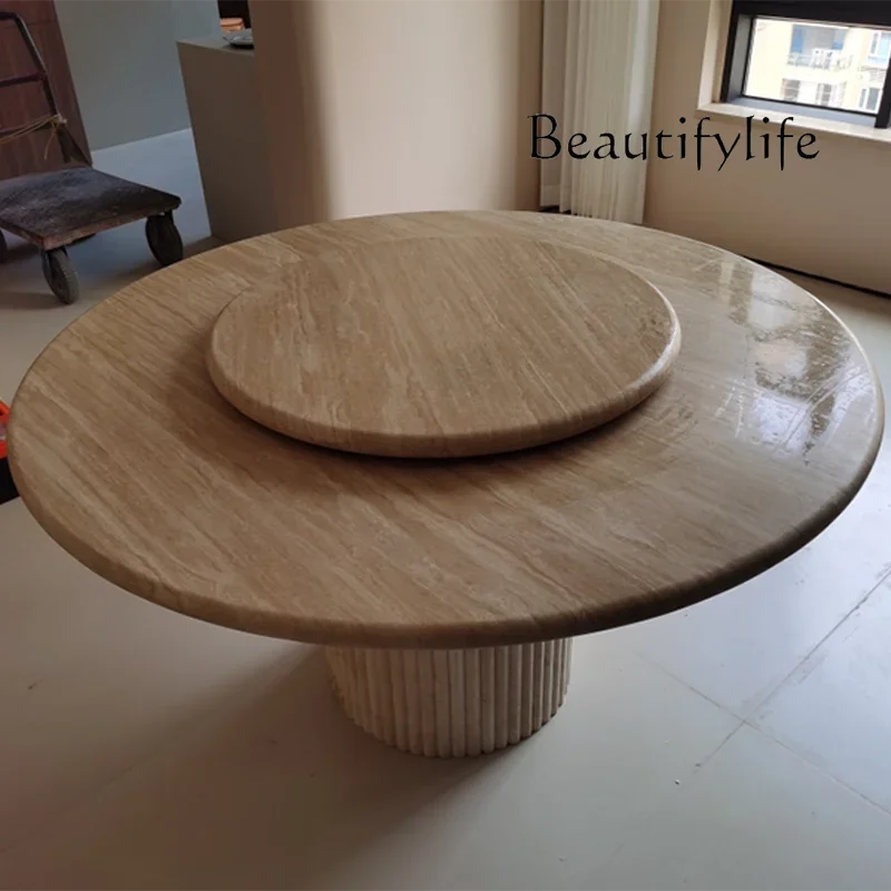 

N36 Natural Marble Dining Table Turntable Wabi Style Nordic Simple Imported Roman Travertine Restaurant Round Table