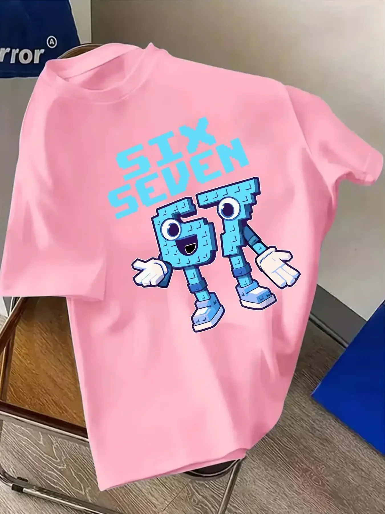 67 Children's Pure Cotton Round Neck T-shirt Blue Robot Six Seven Pattern Print, Short-sleeved, Soft, Comfortable Top Girls Boys