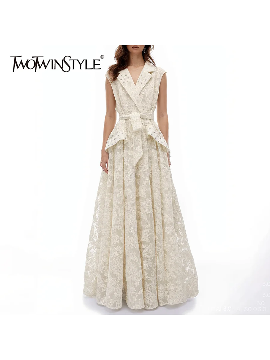 

TWOTWINSTYLE Solid Spliced Appliques Casual Dresses for Women Lapel Sleeveless High Waist Patchwork Bead Elegant Dress Female