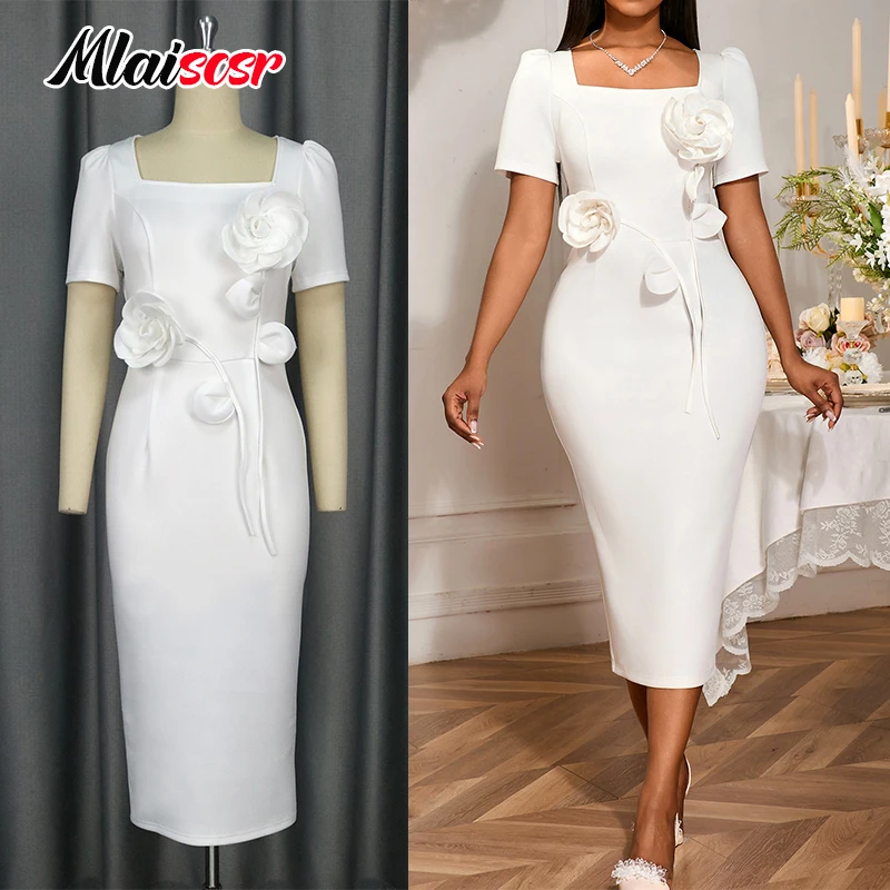 

Mlaiscsr белое облегающее платье миди с короткими рукавами и 3D цветами для женщин, элегантные африканские платья для рождественского дня рождения и вечеринки