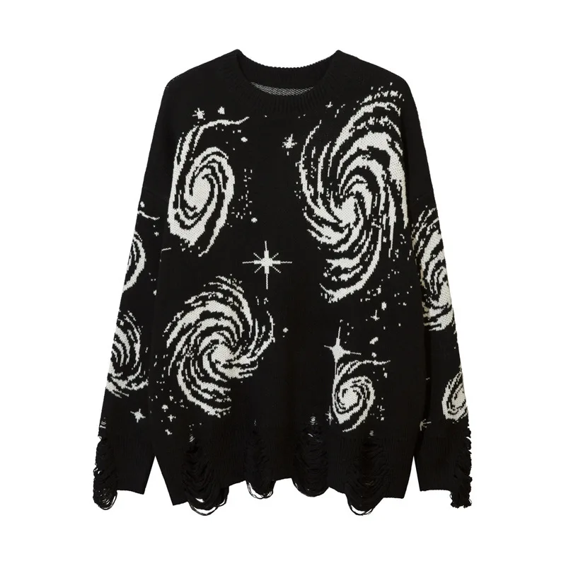 QICHE Unisex Loose Ripped Knit Sweater Y2K Vintage Wrinkle Swirl Line Print European American Streetwear Pullover