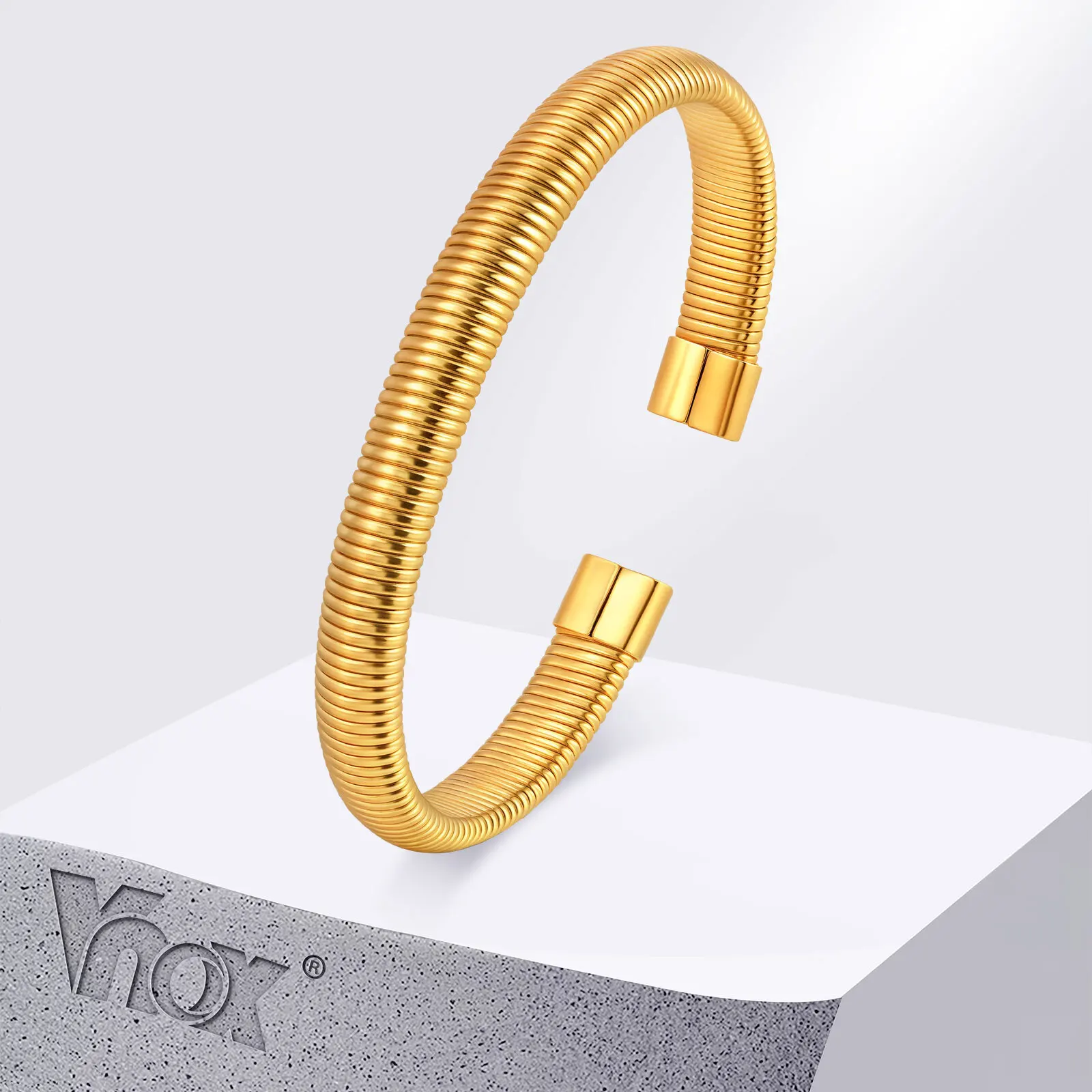 

Vnox Stainless Steel Elastic C-shaped Cuff Bracelet Earring Set For Women Fashion Gold Plated Striped Hand Jewelry Wholesale
