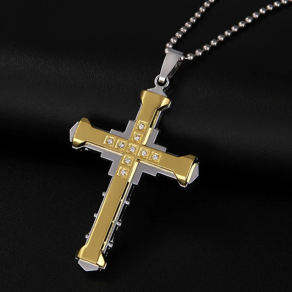 2024 New Male Crystal Jesus Gold/Black/Blue Color Zirconia Cross Pendant Necklace Stainless Steel Jewelry_maomaolike.com