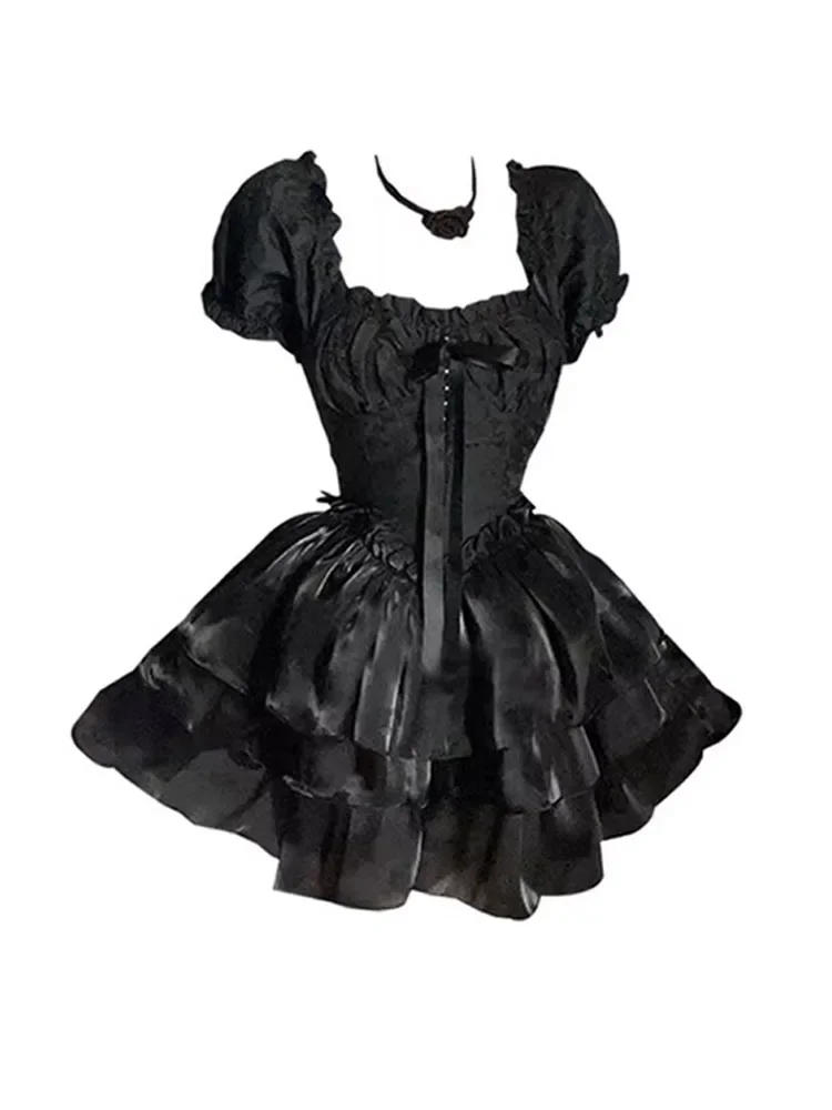 Vestido de baile feminino com renda de colarinho quadrado, vestido Lolita Kawaii preto, estética francesa, elegante coreano aniversário, manga folhada, estética dos anos 2000