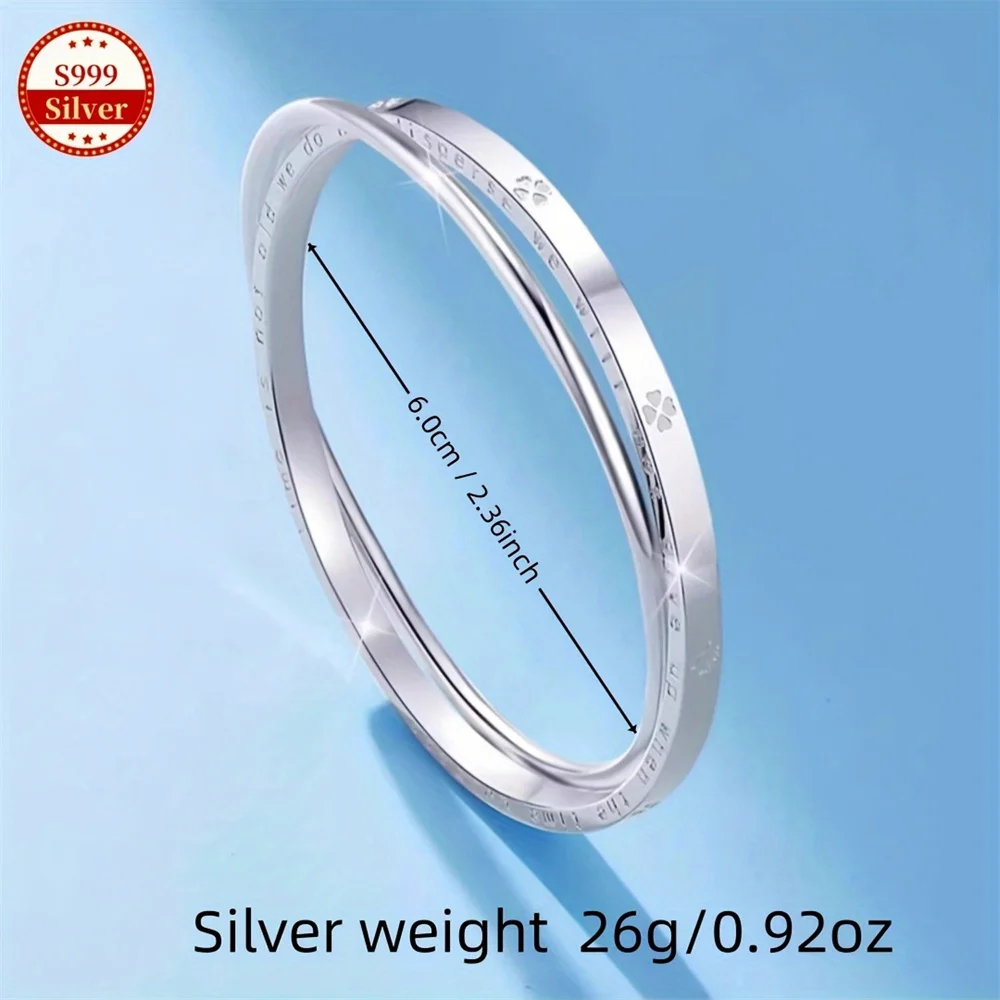 OUYADI 999 Sterling Silver Double‑Loop Bangle Set, Inner Engraved Text Closed Cuff Bracelet, Diameter Women Jewelry Gift