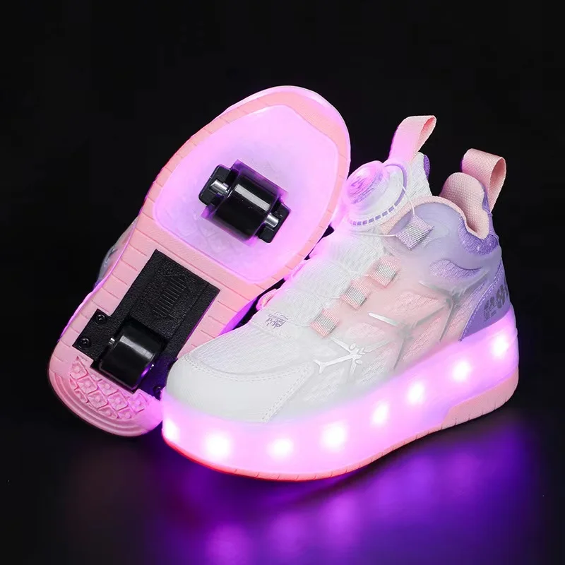 Children's USB Charging LED Light Sneakers, Luminous Shoes for Girls Boys, Kids Roller Skates, Detachable 2 Wheels, Size 29-40