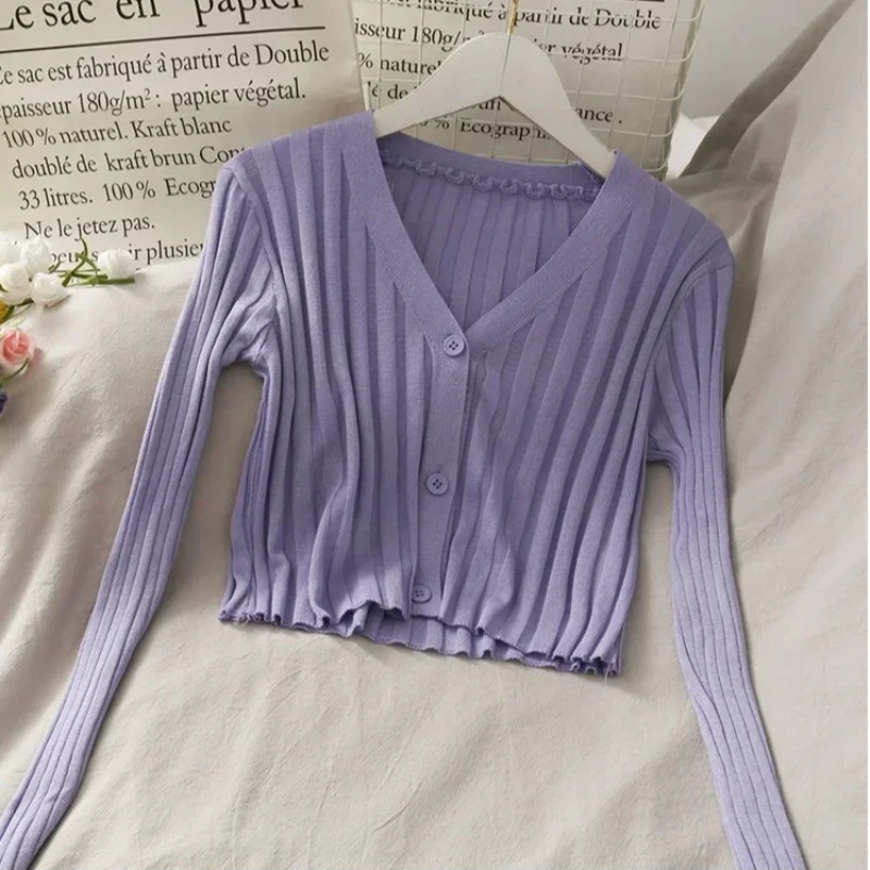 Women Lavender V Neck Rib Knit Cardigan Jacket Long Sleeve Ruffle Hem Button Front Stretchy Slim Cropped Knit Outerwear Top