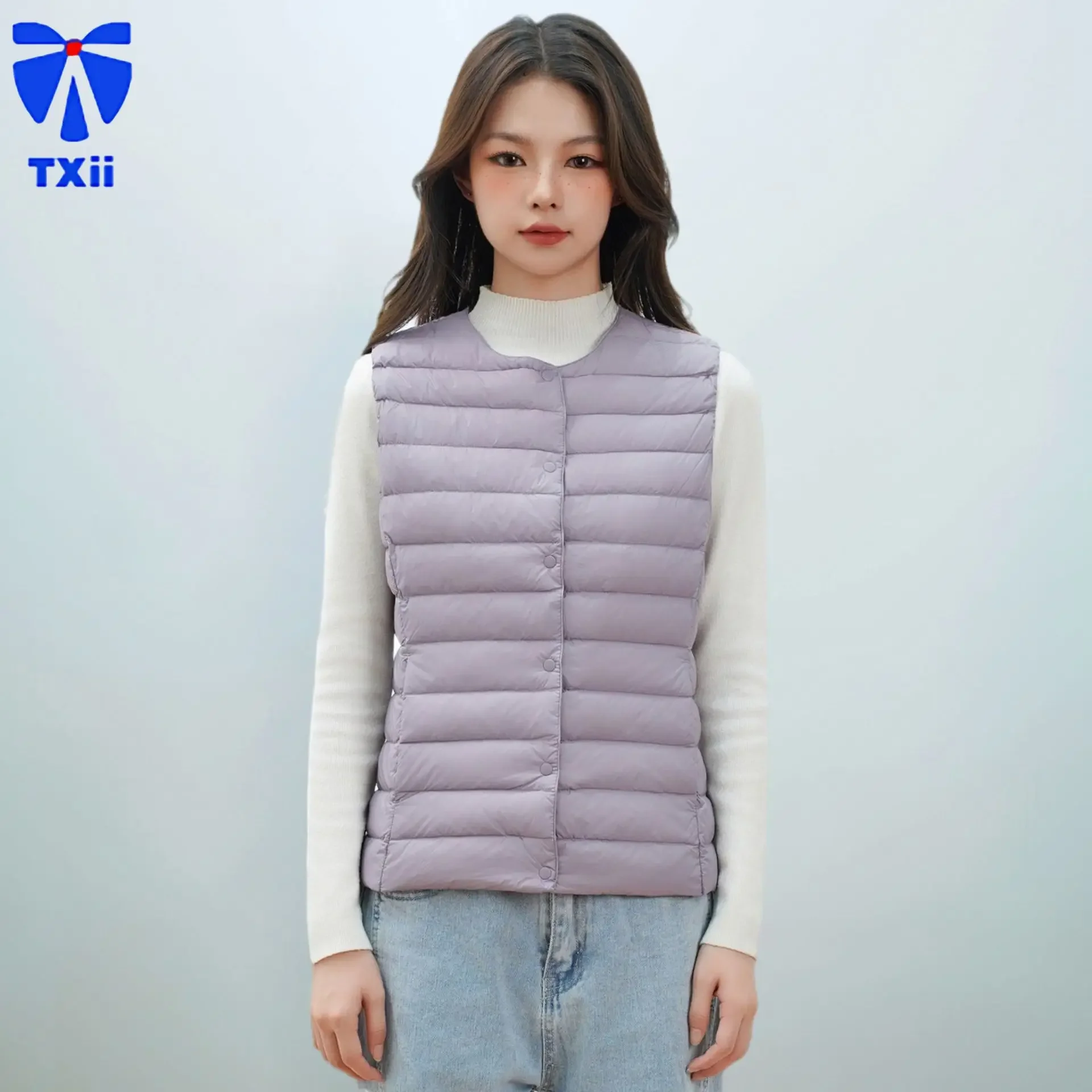 TXii New Fashion Fashion Simple Women's 90 White Duck Down Women's Wear Crewneck V-Neck Lightweight Down Jacket Vest Down Vest