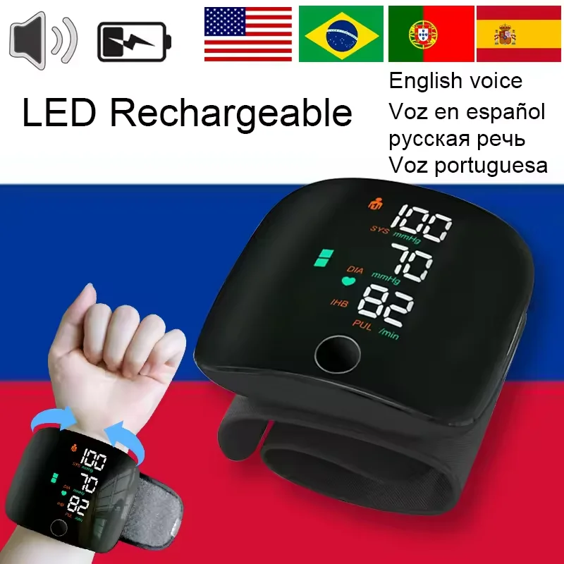 Monitor de Pressão Arterial Recarregável, Medidor de Pressão Arterial Portátil para Pulso, Monitor de Frequência Cardíaca, Tonometria, Tensiômetro