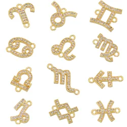Juya 18K Gold Plated Micro Pave Zircon Copper Constellation Sign 12 Zodiac Charms Connectors For DIY Women Gift Jewelry Making