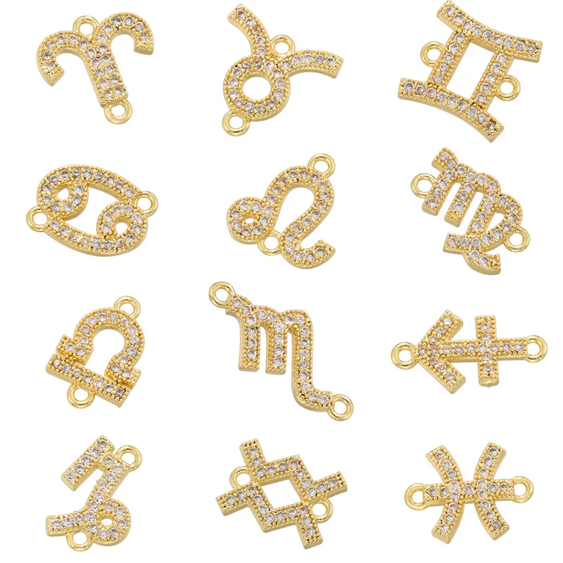 Juya Pozłacane 18K złotem miedziane zawieszki z cyrkoniami Micro Pave, znaki zodiaku, 12 znaków zodiaku, łączniki do samodzielnego tworzenia biżuterii, prezent dla kobiet.