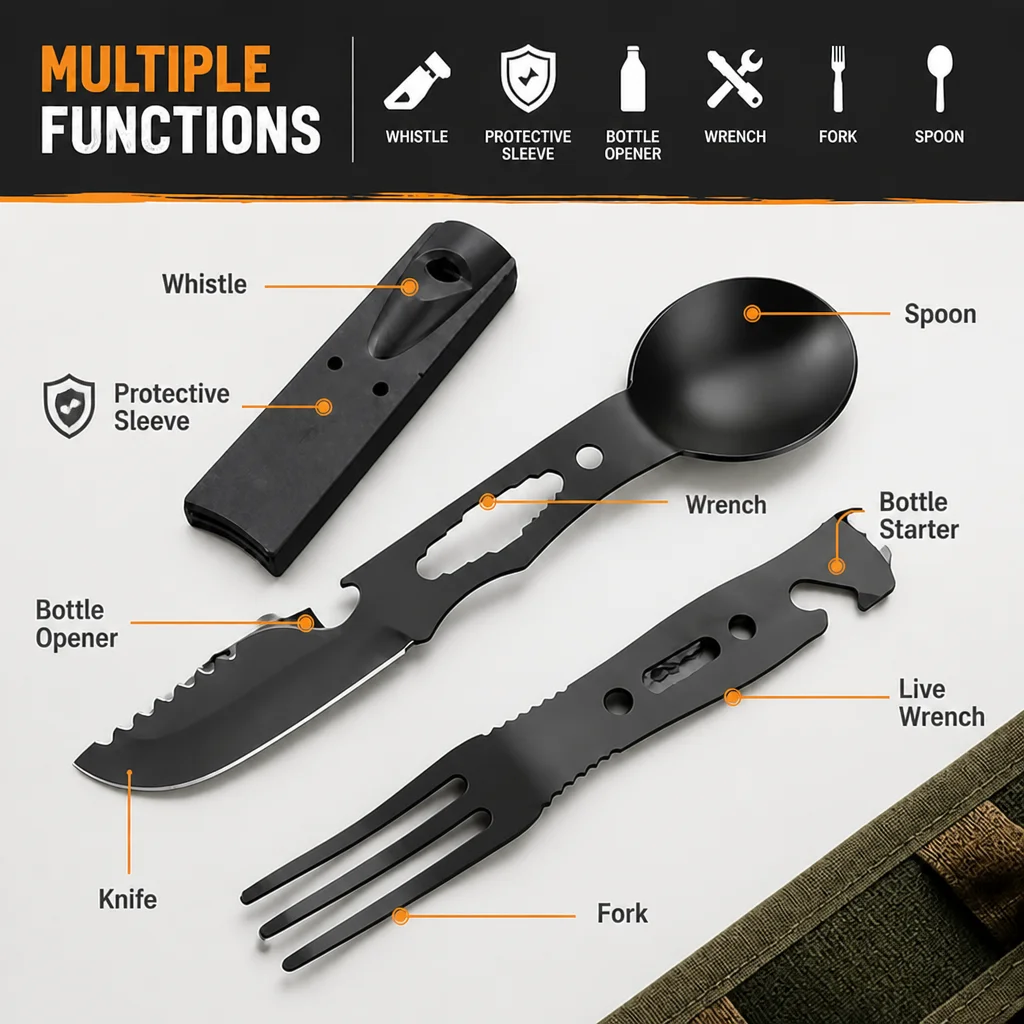 Camping Cooking And Eating - Roestvrijstalen campingbestekset multitool met fluitje, vork,