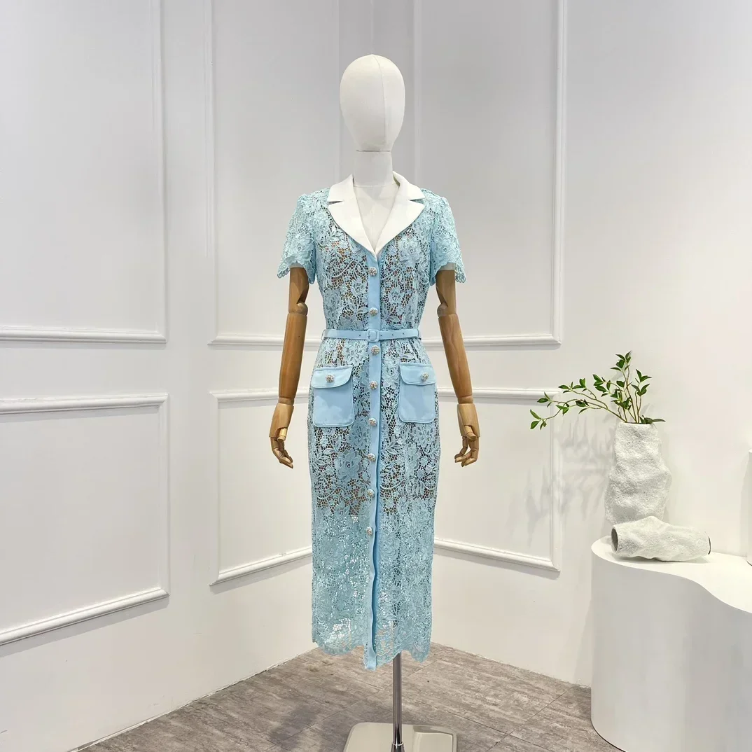 2023 Solid Blue Spring Summer High Quality Vintage Hook Flower Hollow Belt Short Sleeve Sexy Bodycon Woman Dress