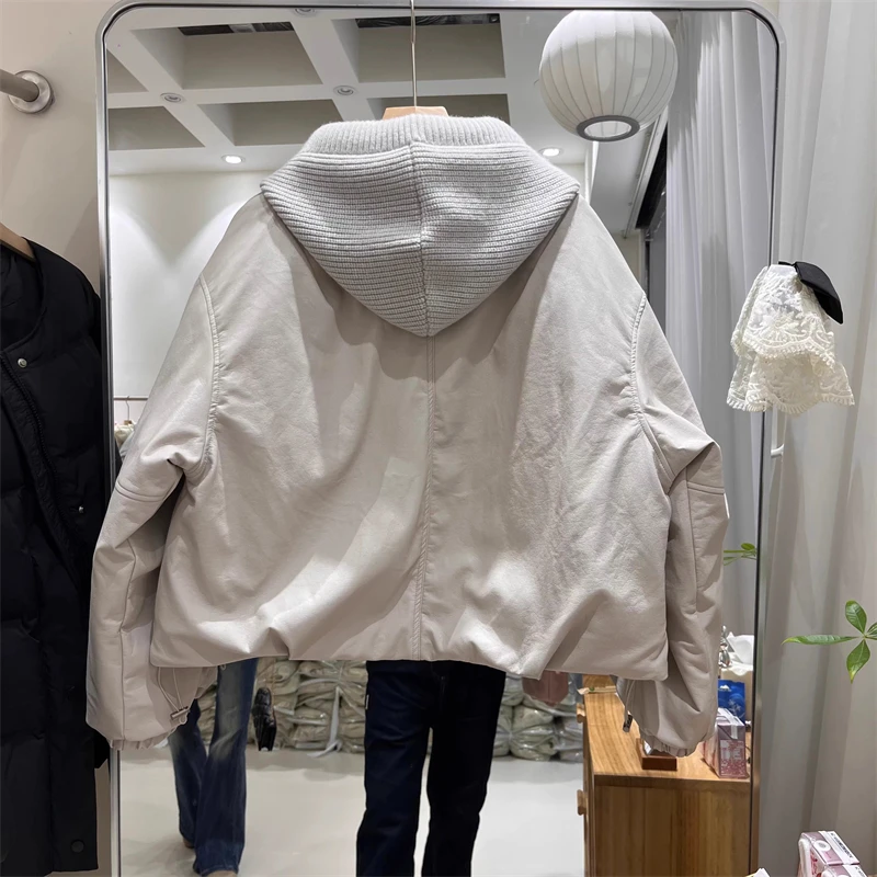 شتاء 2025 المرأة الصوف محبوك المرقعة وشاح بولي Leather الجلود أسفل سترة Y2K جودة عالية موضة عادية سترة قصيرة معطف #6