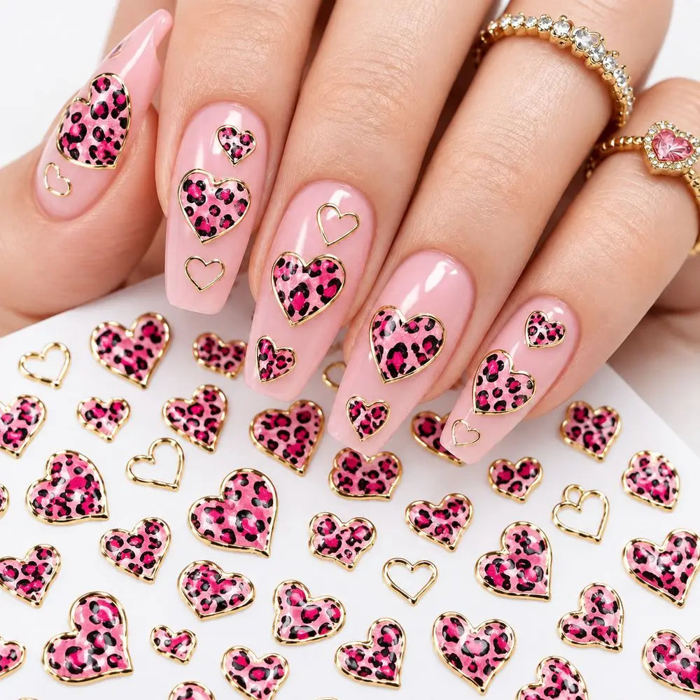 1Pc Cheetah Heart Nail Decal 5D Embossed Gold Foil Hollow Playful Fun Style for Girl's Party Event DIY Manicure Nail Art Sticker